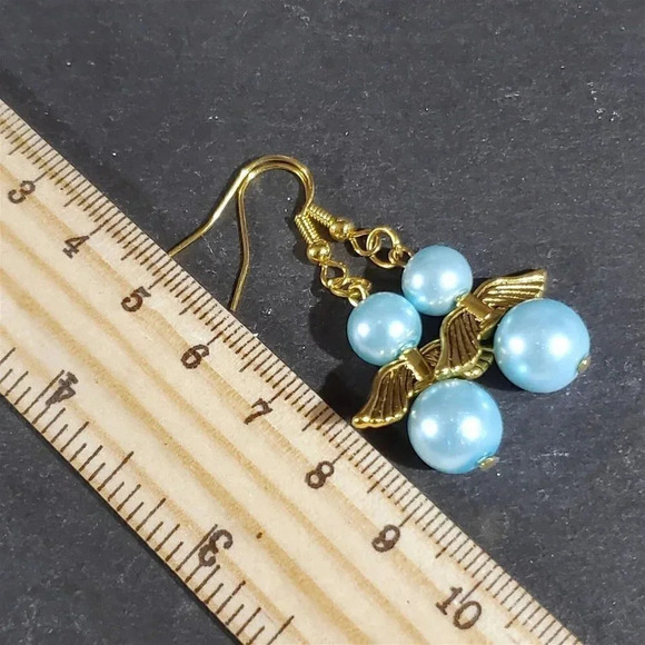 Sustainable Christmas Holiday Angels Gold Plated Light Blue Glass Pearl Earrings - Picture 9 of 9
